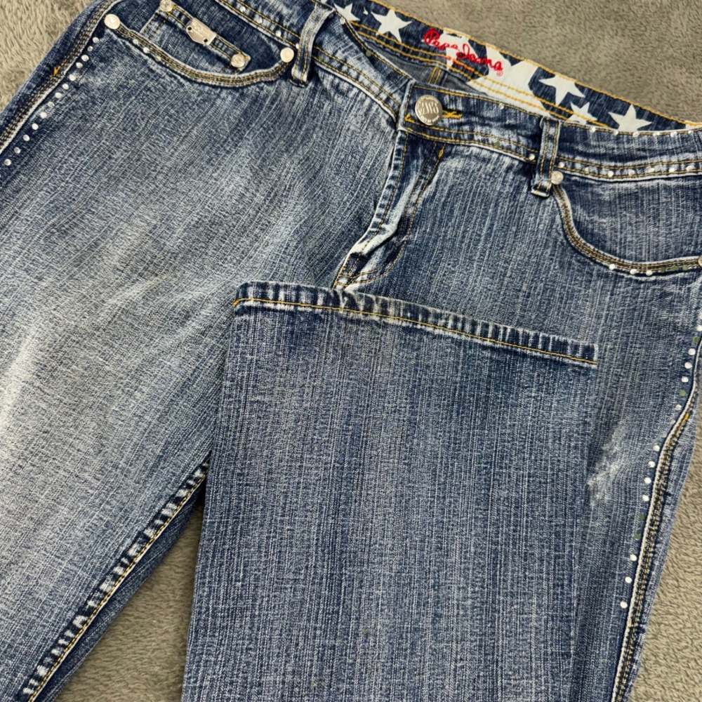 Pepe Jeans Bootcut‎ Women 32 Blue Good Rhinestone Embellished Low Rise Y2K Denim